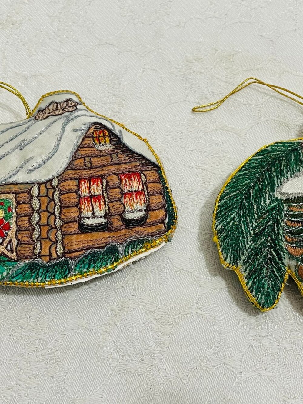 Vintage Eaton 1994 Embroidered Christmas Ornament - Pine Cone & Log Cabin